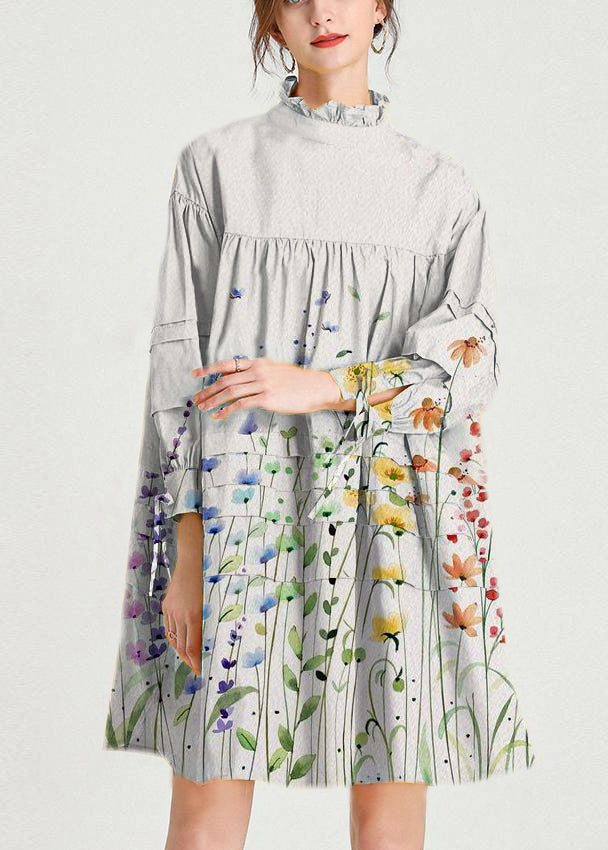 Grey Flowers Stand Cotton Bow Spring Maxi Dresses