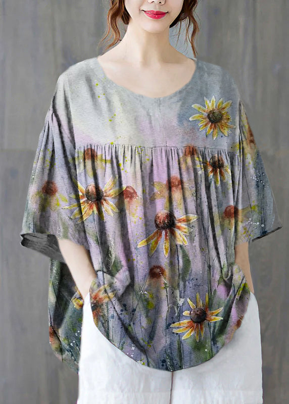 Grey Flowers O-neck Wrinkled Cotton Tank Tops Half Sleeve
