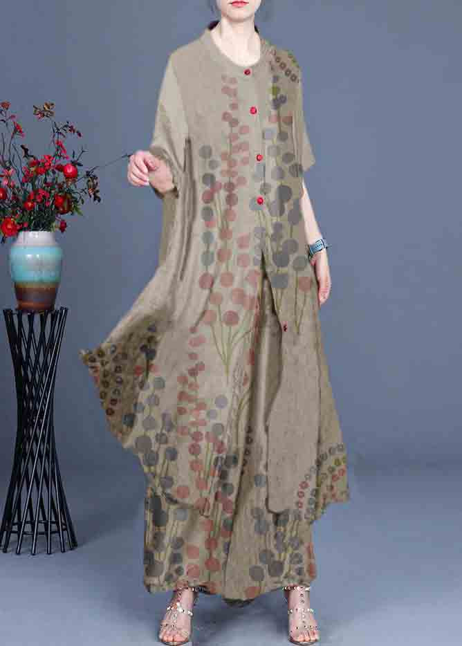 Summer Loose Silk Brown Geometry Print Coat + Two Piece Pants