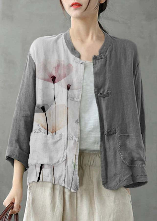 Boutique Grey Flowers Stand Collar Embroideried Patchwork Linen Coat