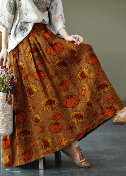 Black Flower Elastic Waist Print Linen Skirts Summer