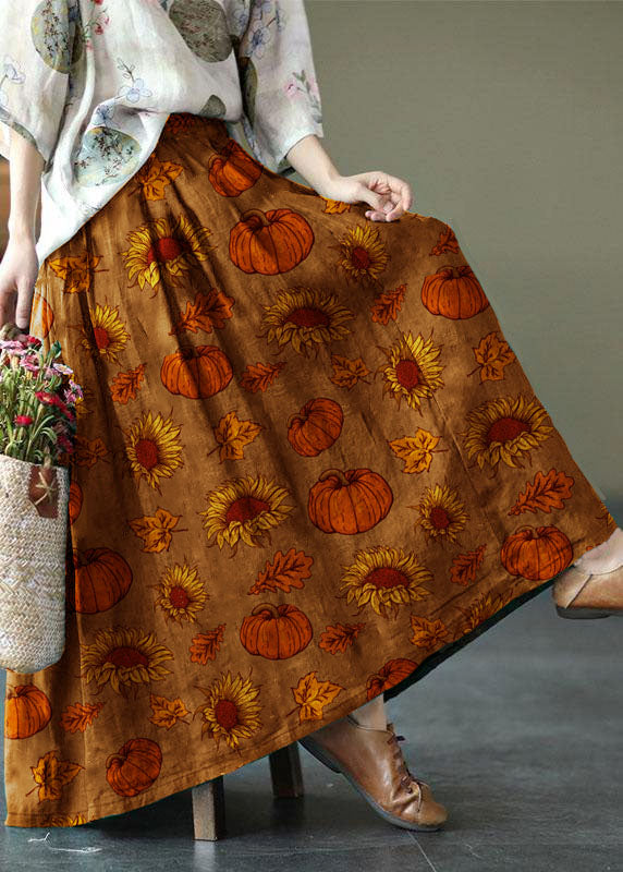 Black Flower Elastic Waist Print Linen Skirts Summer