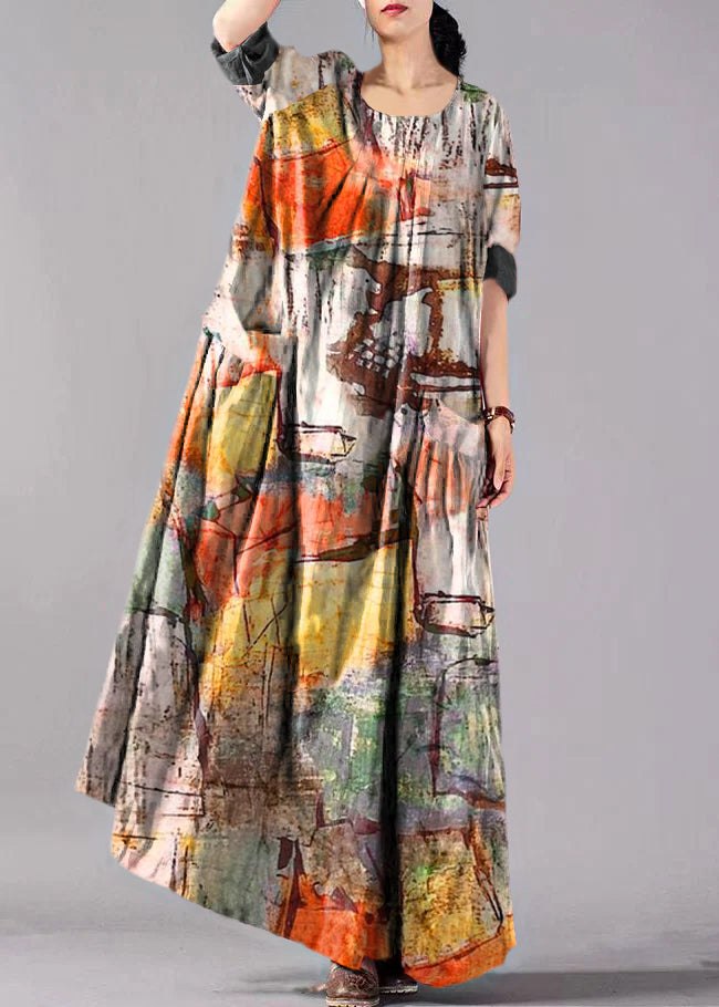 Khaki Geometry Big Pockets Linen Vacation Dresses Wrinkled Long Sleeve