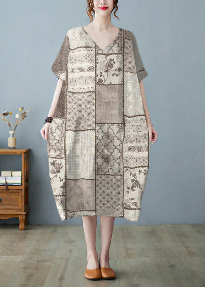 Khaki Geometry V Neck Print Long Dress Short Sleeve