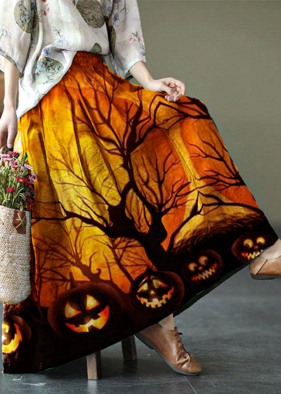 Black Flower Elastic Waist Print Linen Skirts Summer