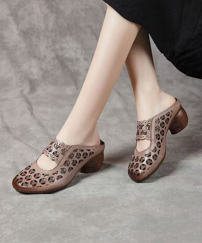 Beige Zippered Cowhide Leather High Heels Hollow Out High Heels