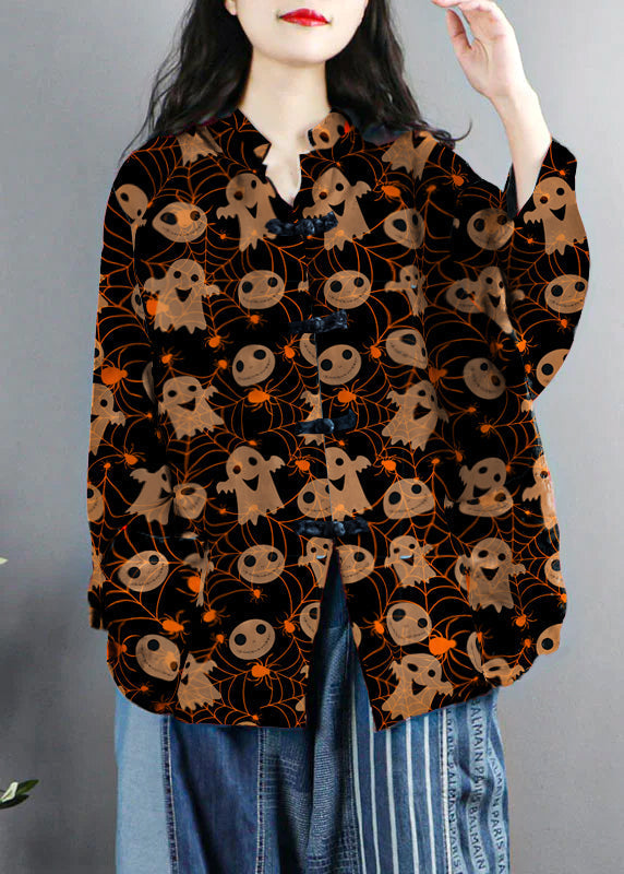 Chinese Style Brown-pumpkin Print Pockets Button Patchwork Cotton Coats Long Sleeve