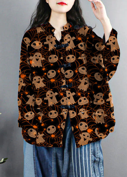 Chinese Style Brown-pumpkin Print Pockets Button Patchwork Cotton Coats Long Sleeve