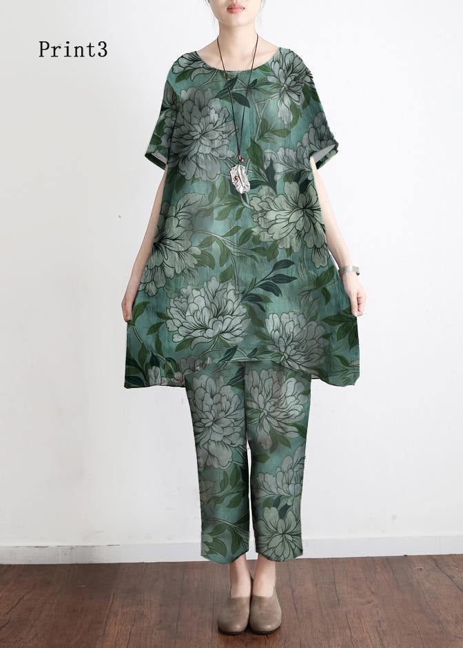 New Loose Green Print2 Short Sleeve Shirt Pants Linen Set