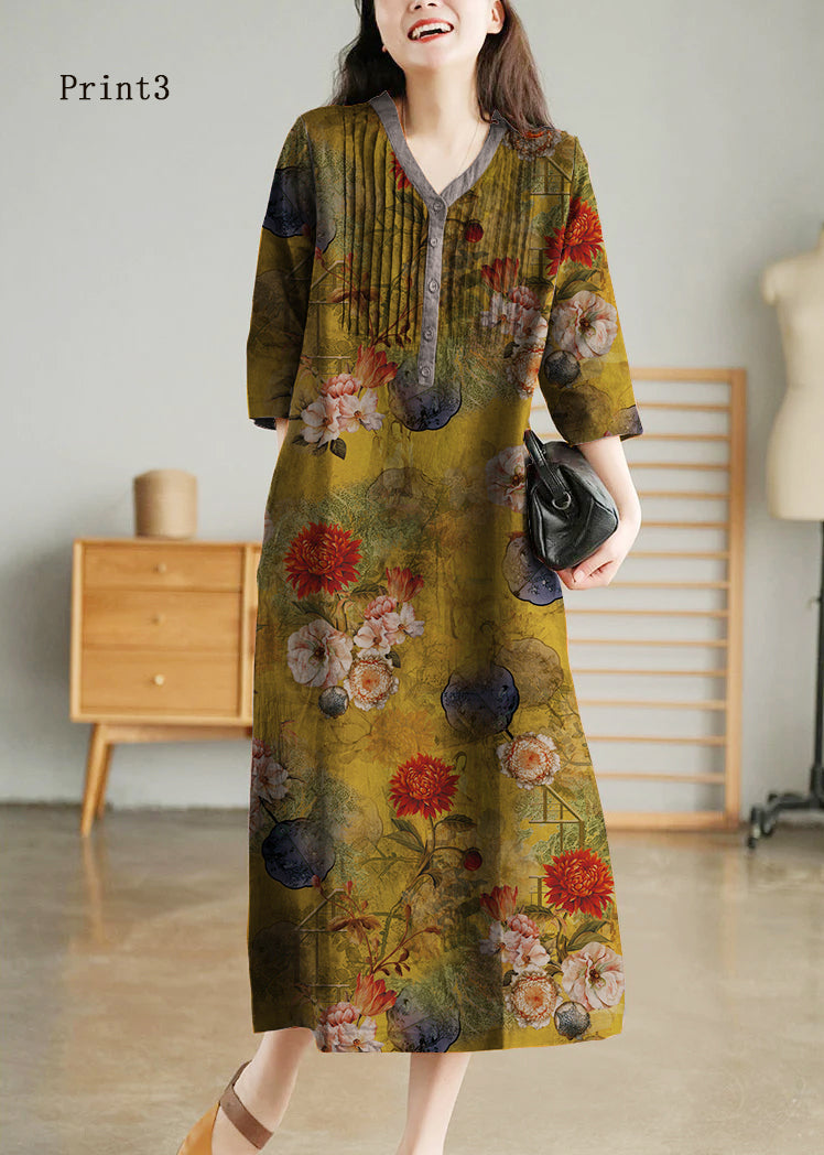 White Print8 Loose Linen Long Dresses Button Half Sleeve