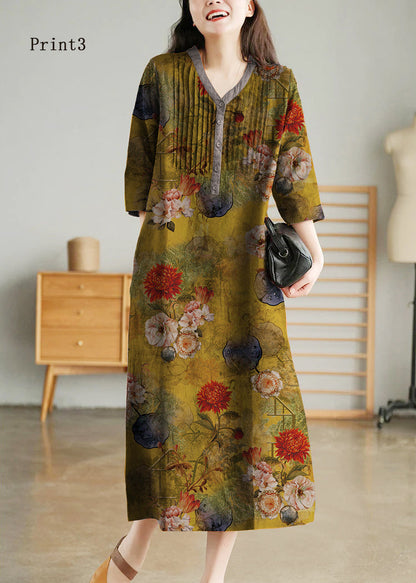 White Print8 Loose Linen Long Dresses Button Half Sleeve