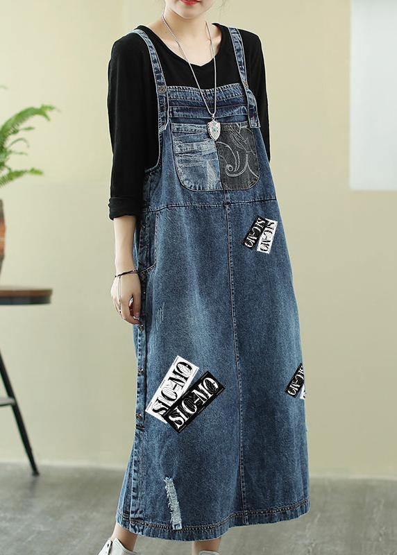 Vivid Denim Blue-white Flowers Tunic Dress Slash Neck Hole Maxi Dress