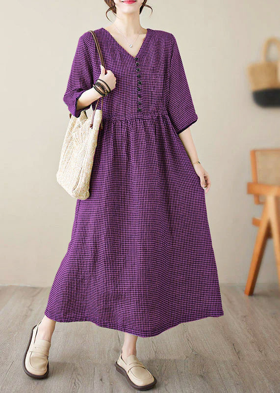Green V Neck Plaid Patchwork Button Linen Maxi Dresses Summer