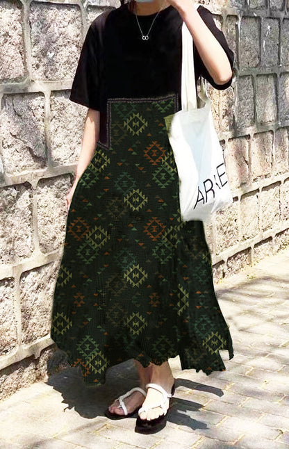 Green Print O-neck Asymmetrical Plaid Mosaic Dress