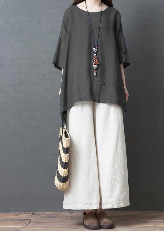 Handmade Dark Gray Linen Cotton Low High Design Shirt Top