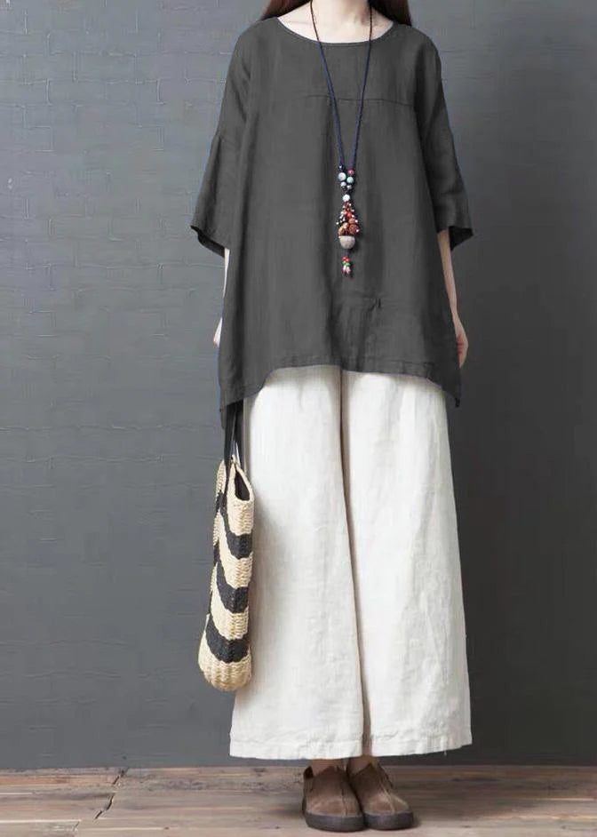 Handmade Dark Gray Linen Cotton Low High Design Shirt Top