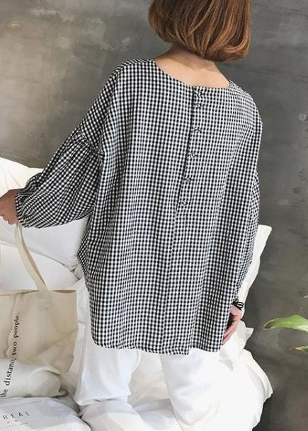 French  Yellow Plaid Cotton Women Fine Sewing Asymmetric Plus Size Clothing Blouse