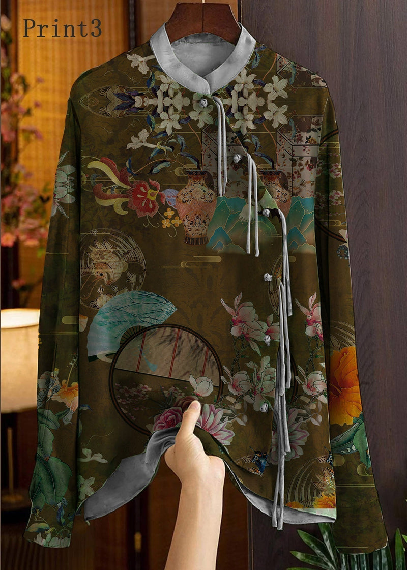 Green-print3 Mandarin Collar Button Print Silk Shirt Top Spring