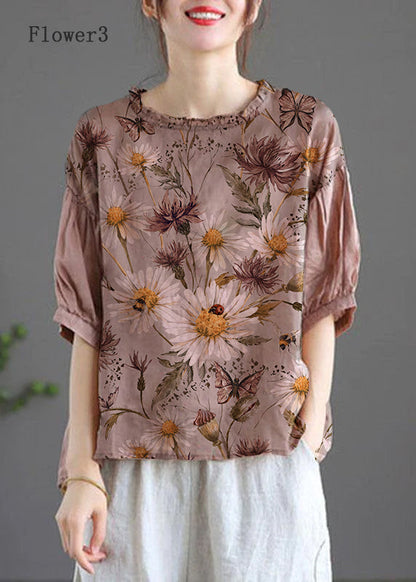 Modern Pink-flower4 Regular Embroideried Summer Half Sleeve