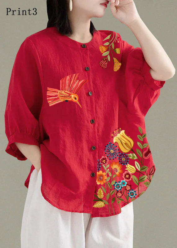 Art White Patchwork O-neck Button Linen Loose Shirt Top Lantern Sleeve