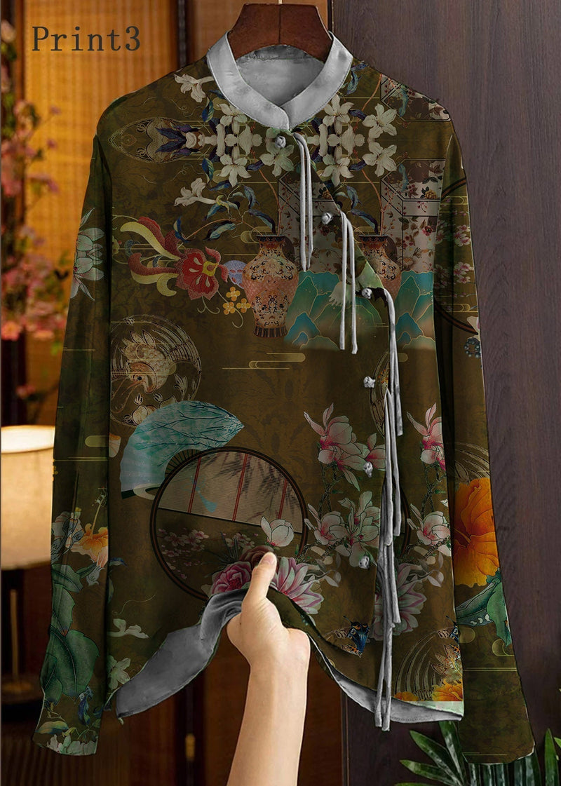 Green-print2 Mandarin Collar Button Print Silk Shirt Top Spring