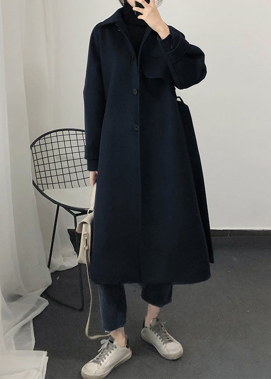 Loose Fitting Trench Coat Spring Navy Tie Waist Wool Coat
