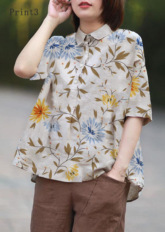 Beige-print3 Peter Pan Collar Print Summer Linen Blouses Half Sleeve