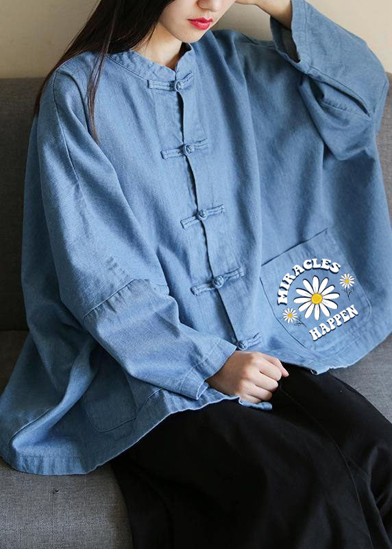 Loose Stand Collar Chinese Button Clothes for Sleeve Denim Light Blue-sunflower Shirts