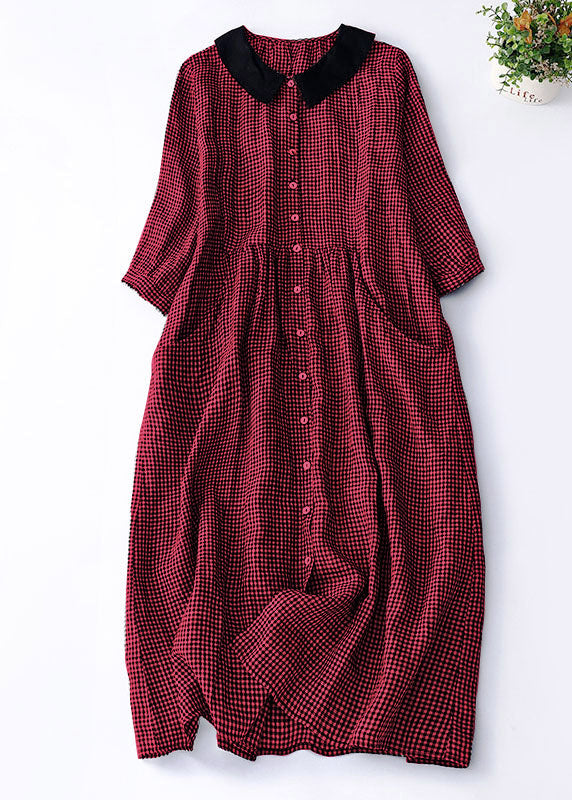 Organic Brown Plaid Peter Pan Collar Patchwork Linen Dresses Summer