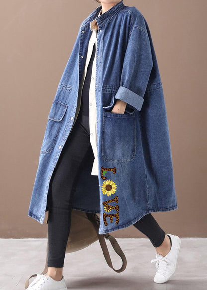 French Denim Blue-love Box Coat Shape Stand Collar Drawstring Coat