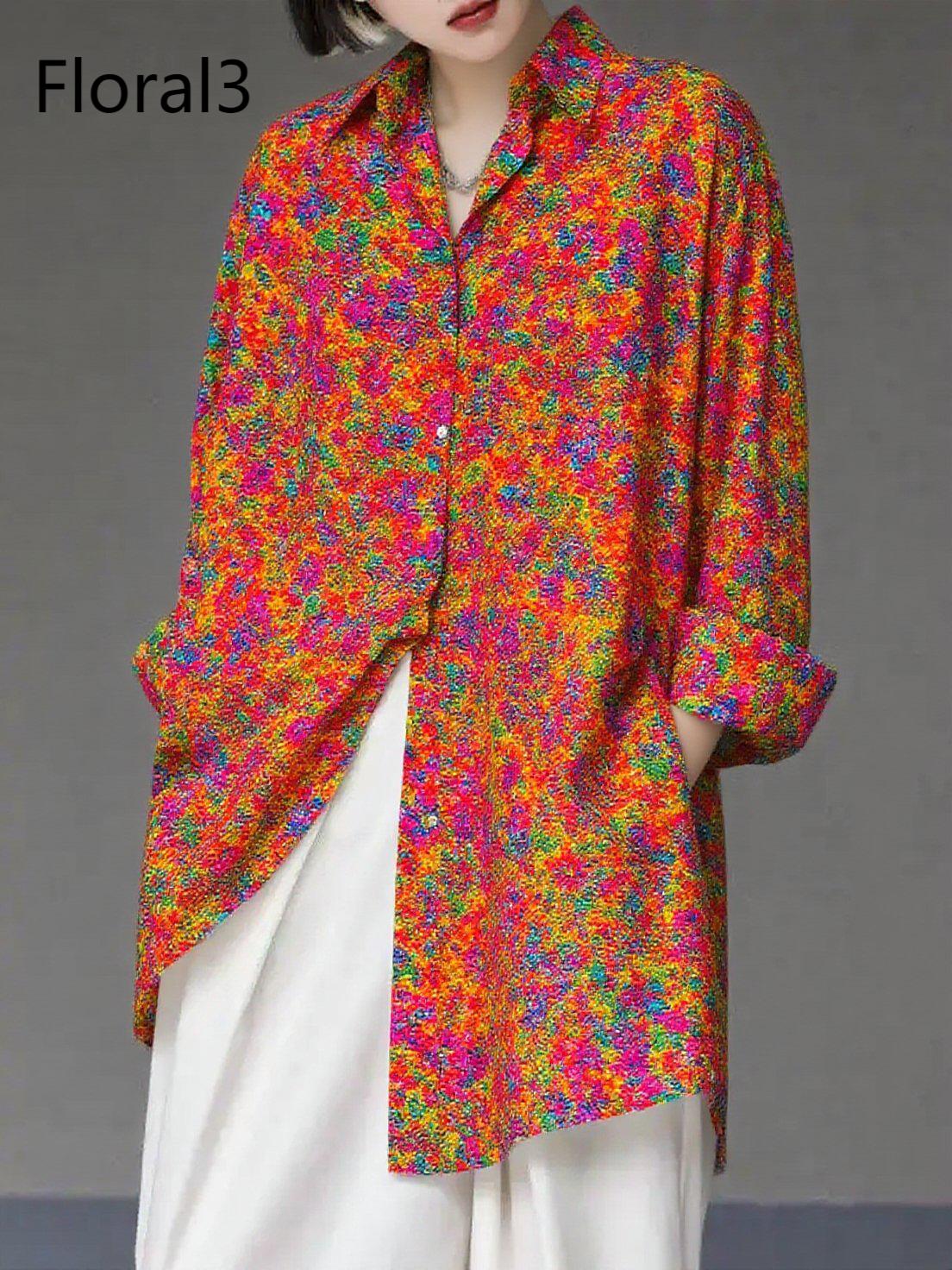 Unique Floral1 Asymmetrical Design Side Open Cotton Long Shirts Spring