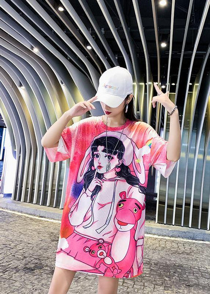 Loose Pink Character Print Clothes O Neck Dresses