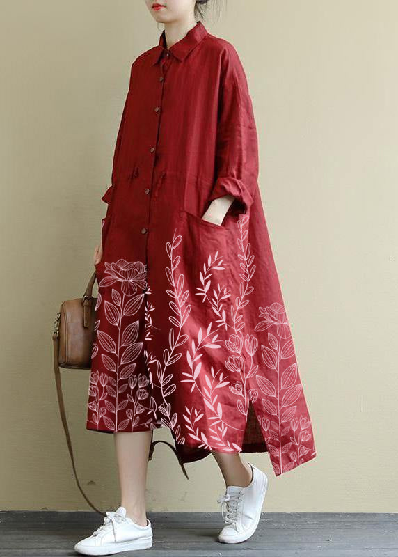 Red Linen Shirt Dress Oversize Spring Maxi Dresses