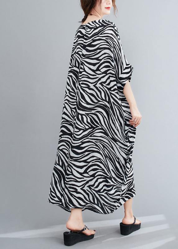 Handmade Black Striped Dress Pattern O Neck Batwing Sleeve Dress