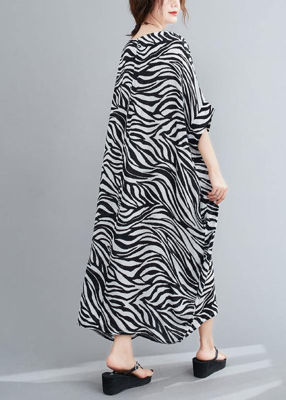 Handmade Black Striped Dress Pattern O Neck Batwing Sleeve Dress