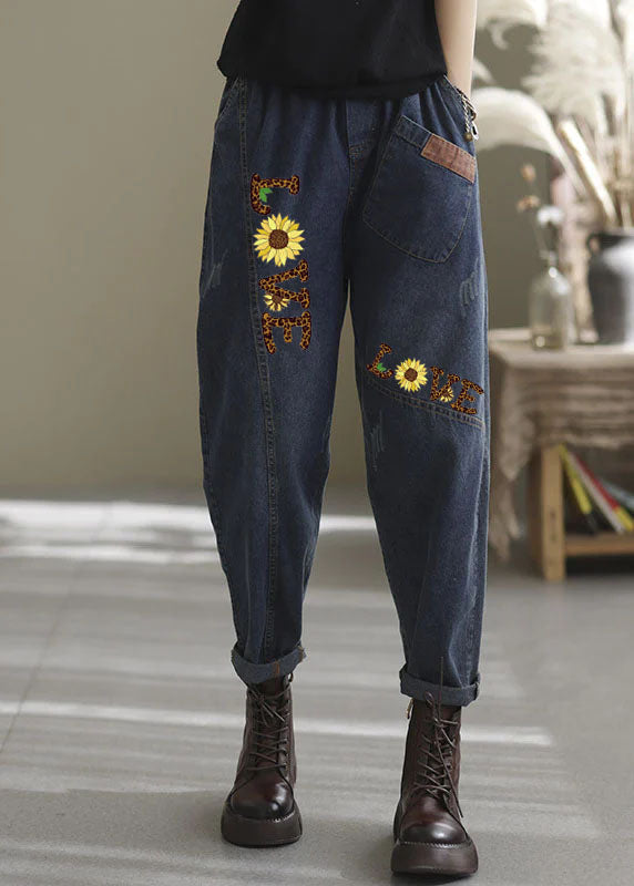 Natural Blue-sunflower Elastic Waist Pockets Denim Pants Spring