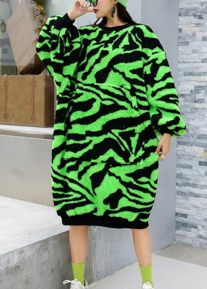Comfy O Neck Thick Sweater Dress Outfit Green Striped Knitwear Dress