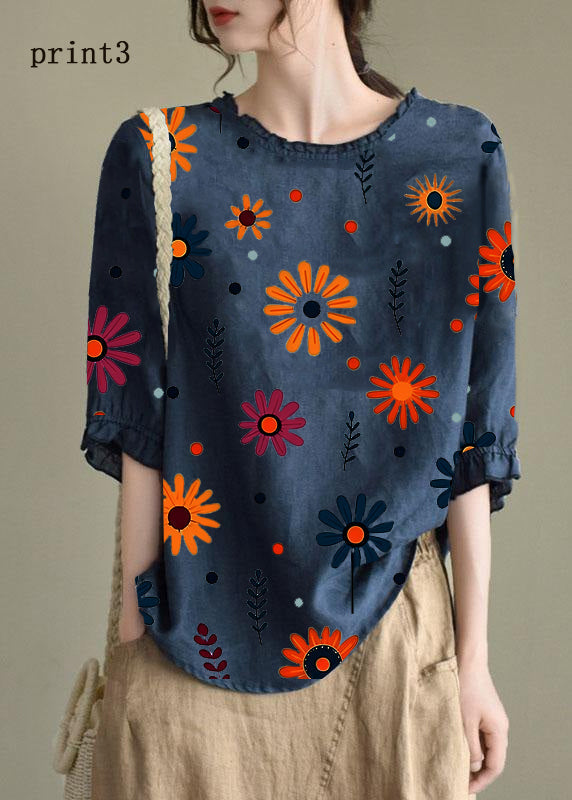 Handmade Navy Lantern Sleeve O-neck Embroideried Summer Ramie Blouses