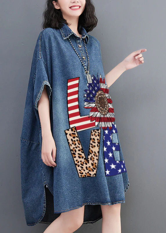 Loose Blue-little Flower Button Side Open Maxi Denim Dress Summer