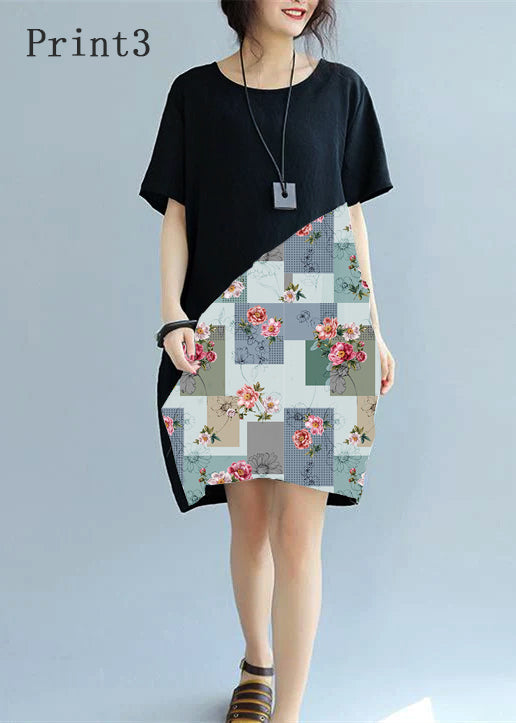 Fine Black -print1 Patchwork Linen Shift Dress Loose Fitting Cotton Clothing Dress Short Sleeve Wild Prints Knee Dresses