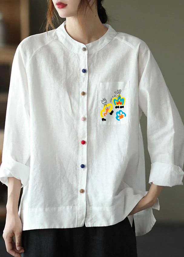 Modern White-fun Pattern Loose Patchwork Pockets Fall Long Sleeve Blouse Top