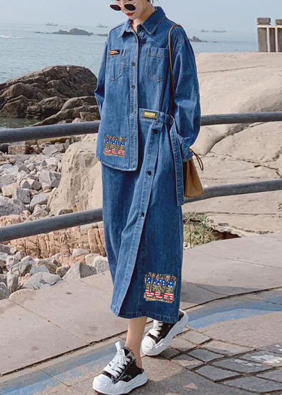 Loose Blue Pockets Button Asymmetrical Design Fall Denim Long Sleeve Long Dress