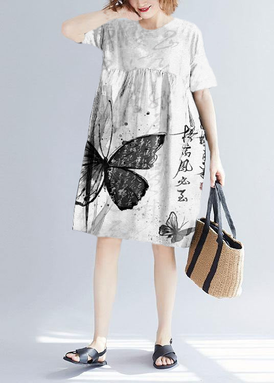 White Text Cotton Blended O Neck Pockets Loose Summer Dresses