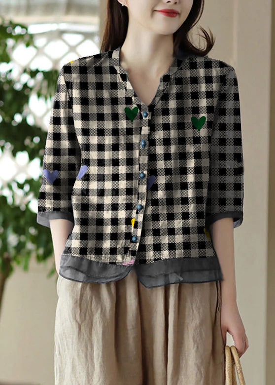 Black Plaid V Neck Embroidered Ramie Shirt Half Sleeve