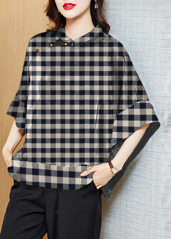 Black Plaid Mandarin Collar Asymmetrical Patchwork Jacquard Silk Shirts Batwing Sleeve