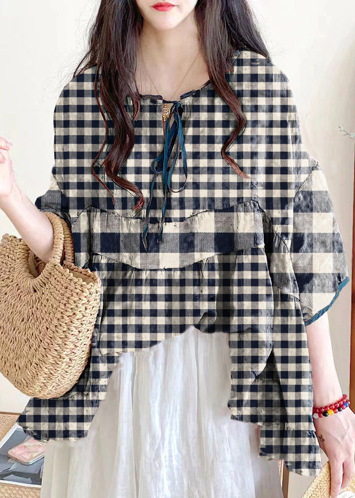 Organic Brown Texture Ruffled Print Lace Up Cotton Shirts Half Sleeve