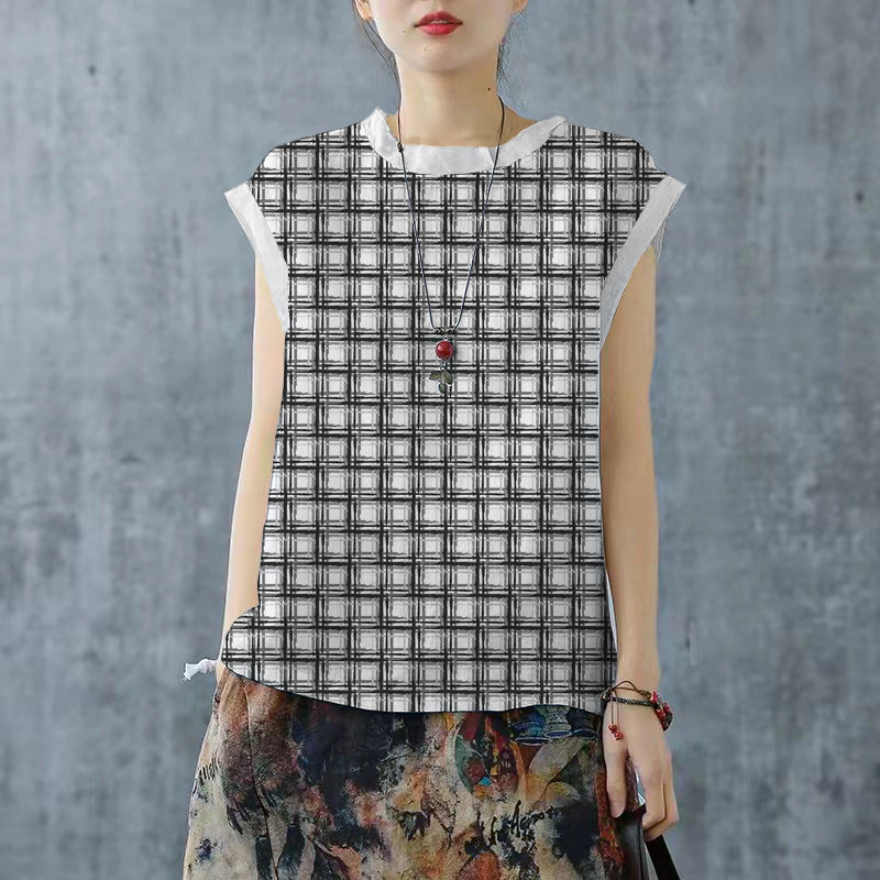 White Drawstring Turtle Neck Linen Tank Short Sleeve