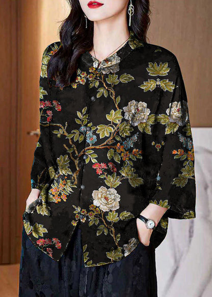 Red Stand Collar Button Print Patchwork Silk Blouse Top Summer