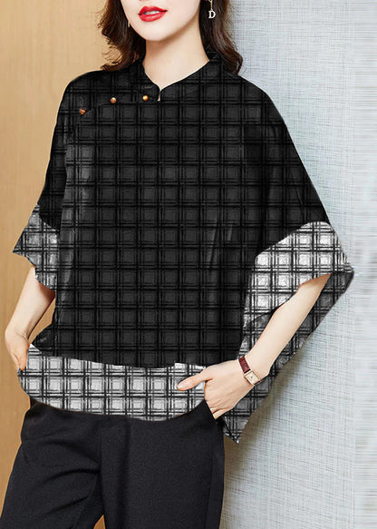 White Plaid Mandarin Collar Asymmetrical Patchwork Jacquard Silk Shirts Batwing Sleeve