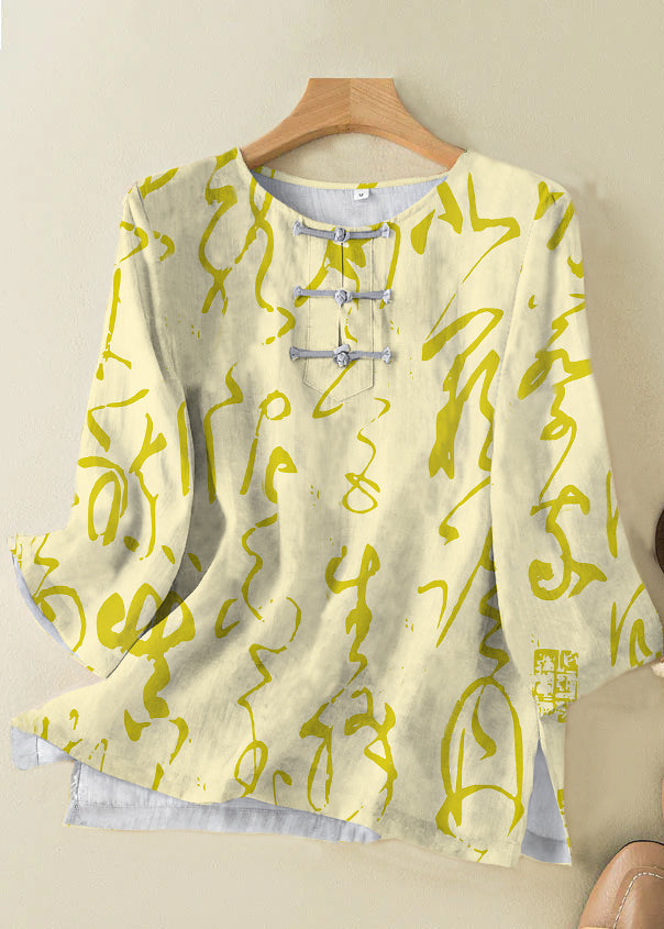 Grace Style Yellow Text O-neck Print Oriental Button Side Open Linen Shirt Top Bracelet Sleeve